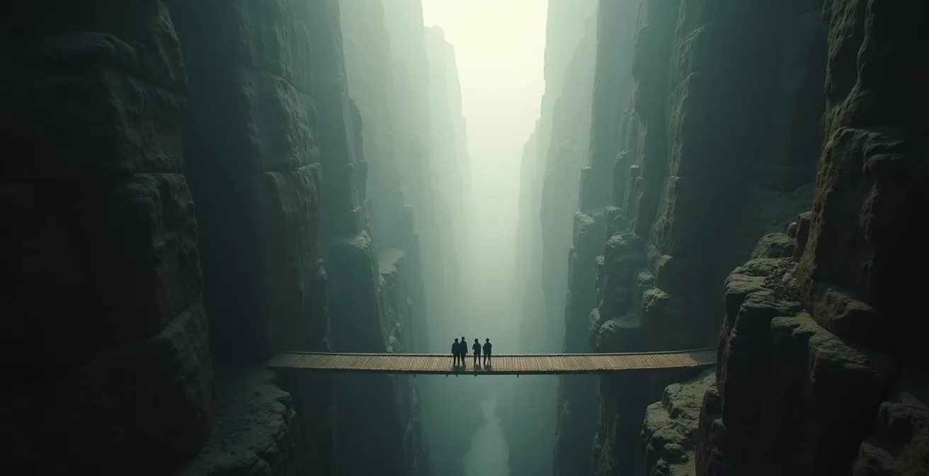 Vue aérienne minimaliste du canyon avec une fine passerelle et quelques silhouettes