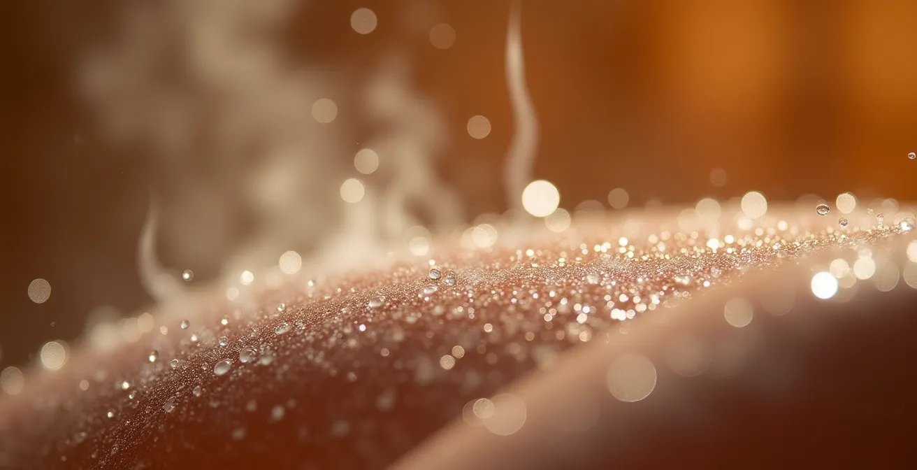 Gros plan sur une peau humide avec des gouttelettes d'eau montrant la texture de l'épiderme