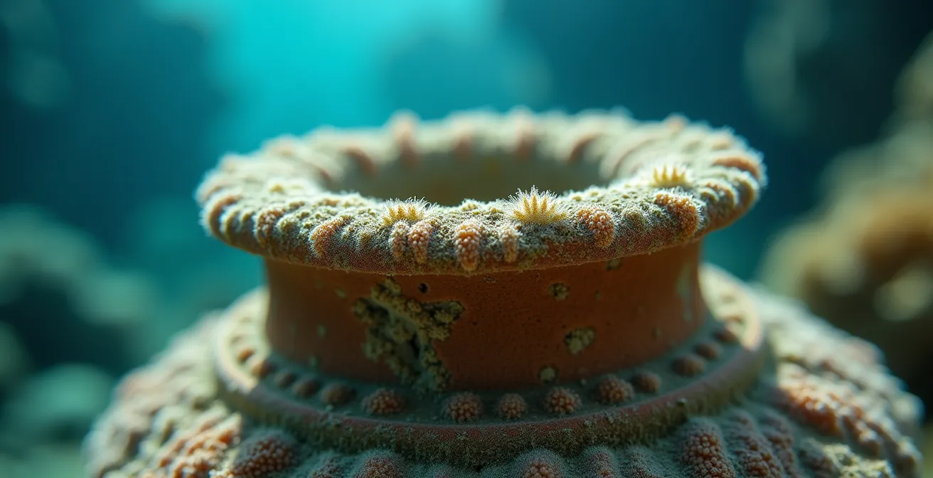 Amphore antique recouverte d'un biofilm d'algues et micro-organismes sous l'eau avec un plongeur observant à distance