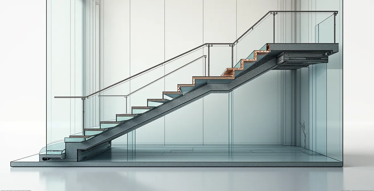 Coupe architecturale révélant l'armature en fer forgé dissimulée dans un escalier en cristal