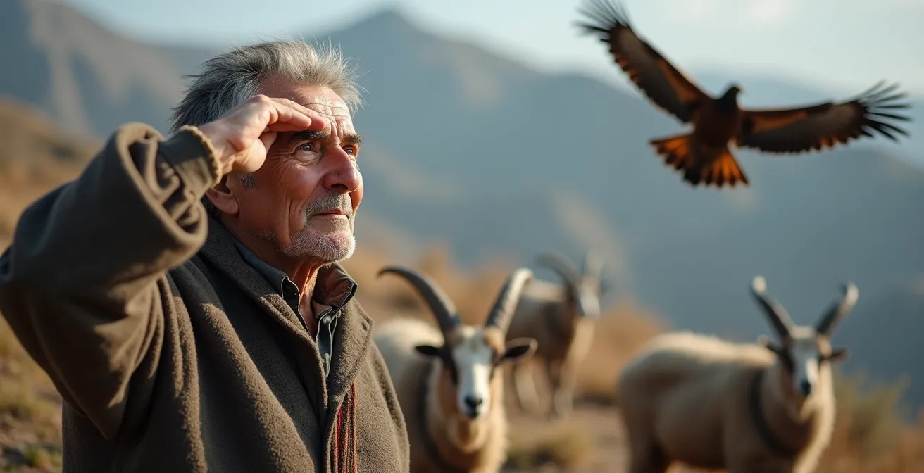 Berger Yörük observant un aigle royal survolant son troupeau dans les hauteurs du Taurus