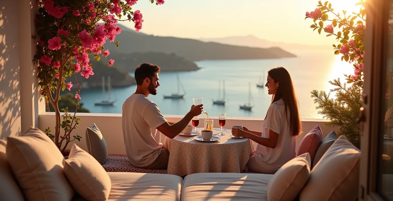 Petit hôtel traditionnel avec terrasse surplombant la mer Méditerranée