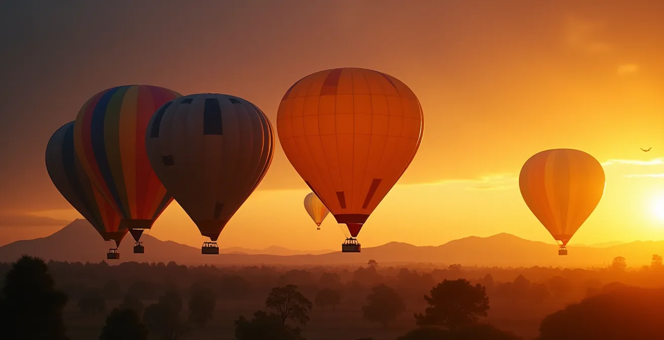 Série de trois prises de vue montrant différentes expositions d'une montgolfière au lever du soleil