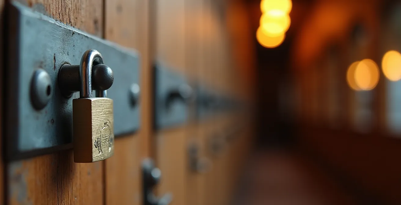 Gros plan sur un système de verrouillage de casier en bois avec cadenas robuste