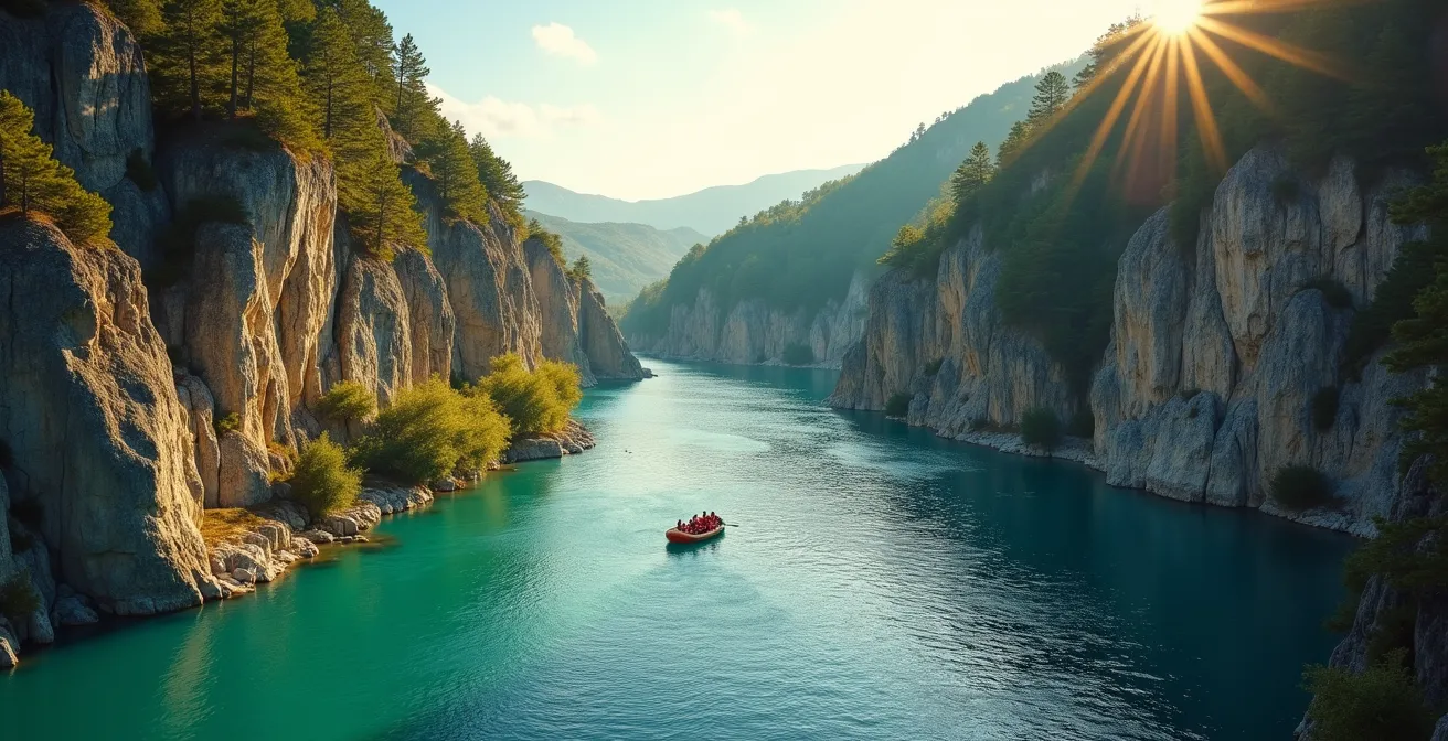 Vue panoramique du canyon de Köprülü avec rivière turquoise et pont romain historique