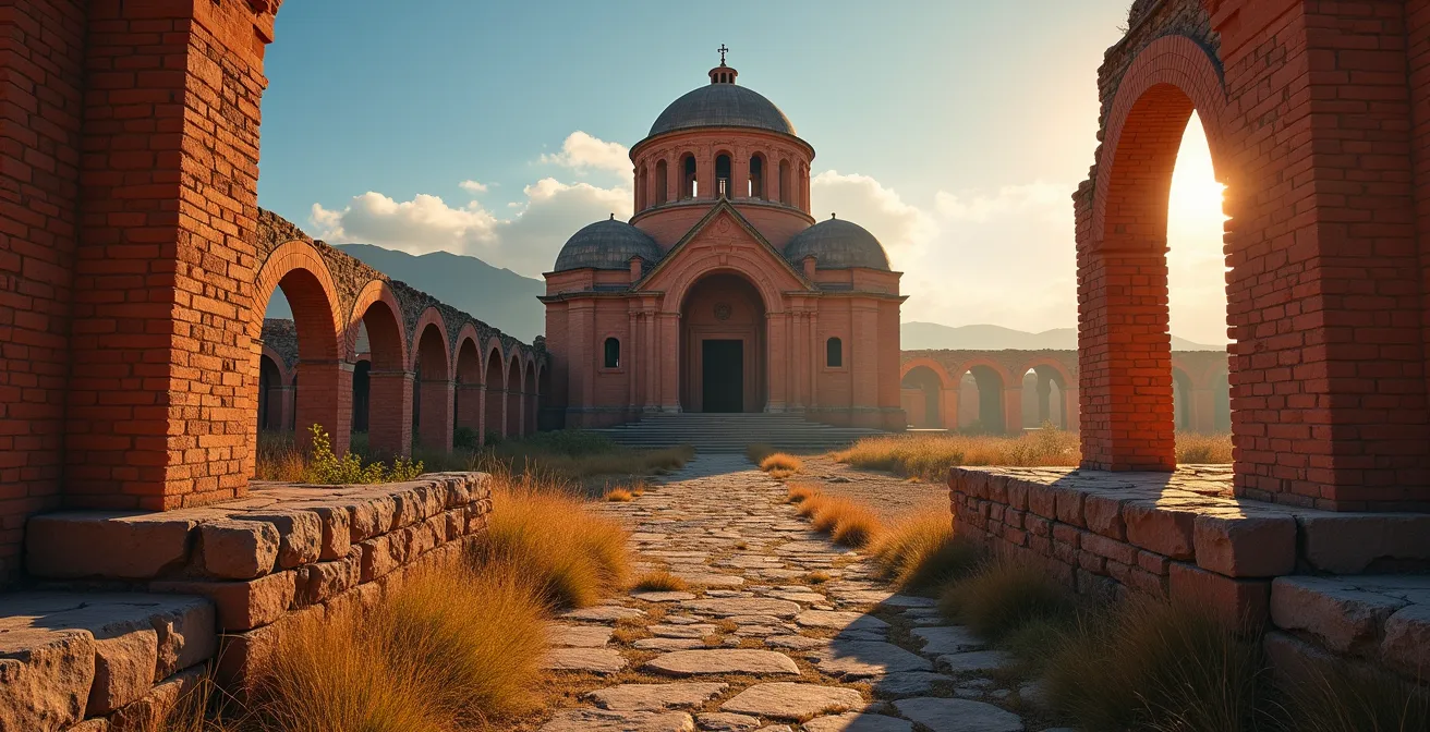 Cathédrale d'Ani avec ses arches imposantes et murs de basalte rouge au coucher du soleil