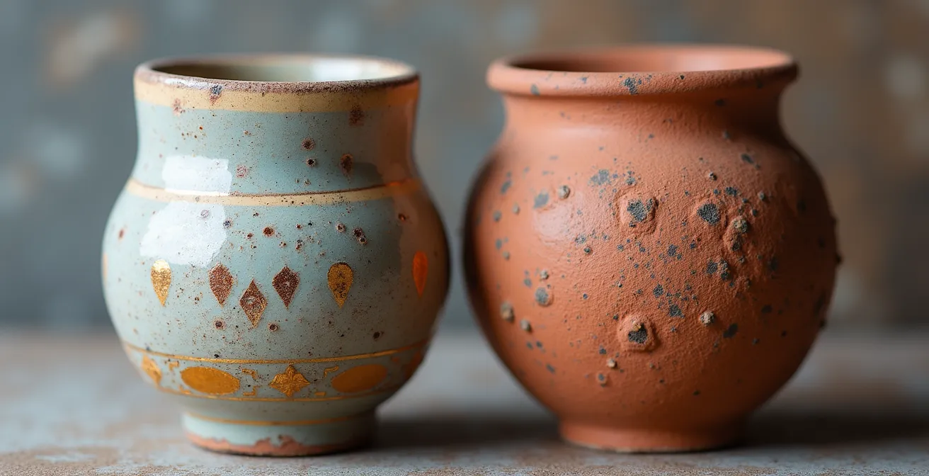 Détails macro de céramiques artisanales turques montrant les textures et imperfections authentiques