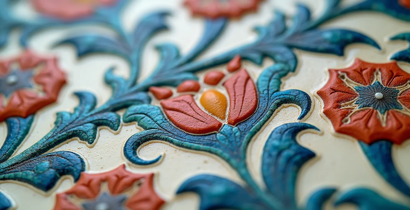 Détail de céramiques d'Iznik aux motifs de tulipes bleues et rouges sur fond blanc