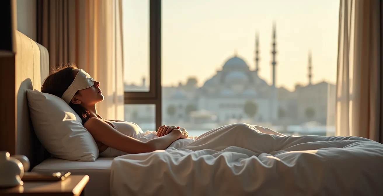 Intérieur de chambre d'hôtel moderne à Istanbul avec double vitrage et vue urbaine