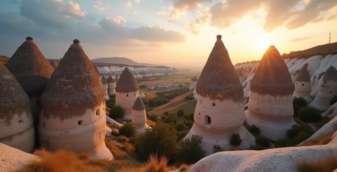 Cheminées de fées avec chapeaux de basalte en Cappadoce montrant l'érosion différentielle