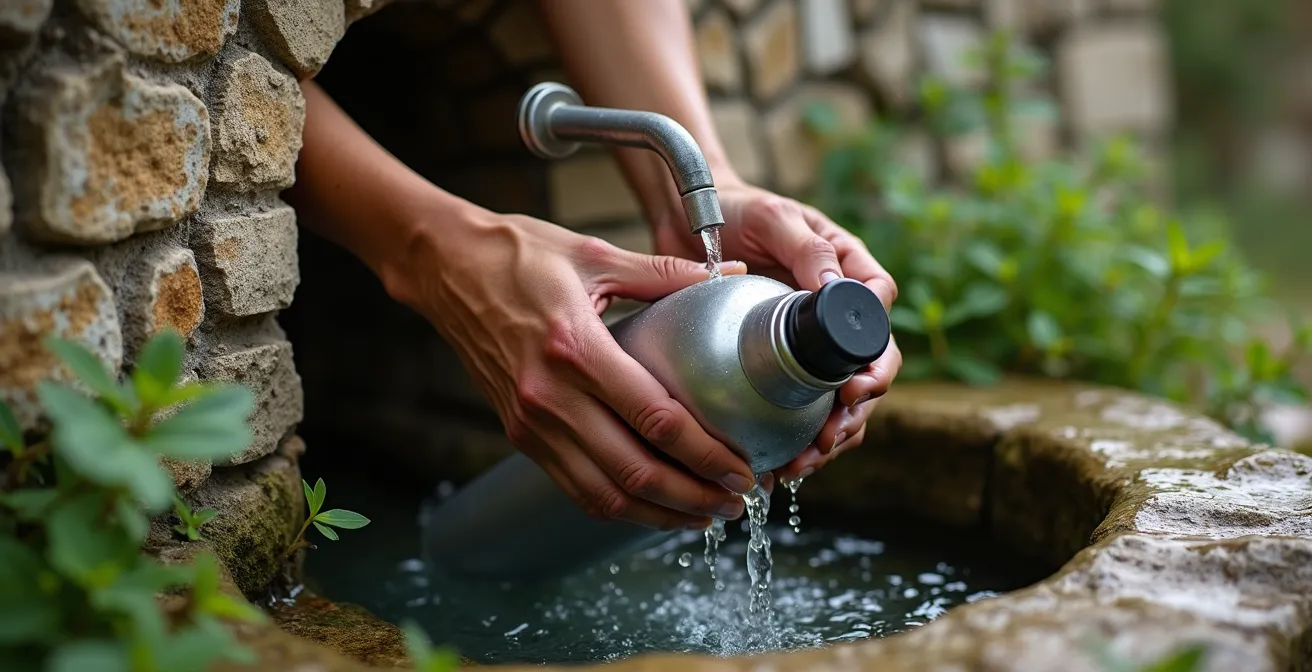 Randonneur remplissant sa gourde à une citerne antique sur la Voie Lycienne