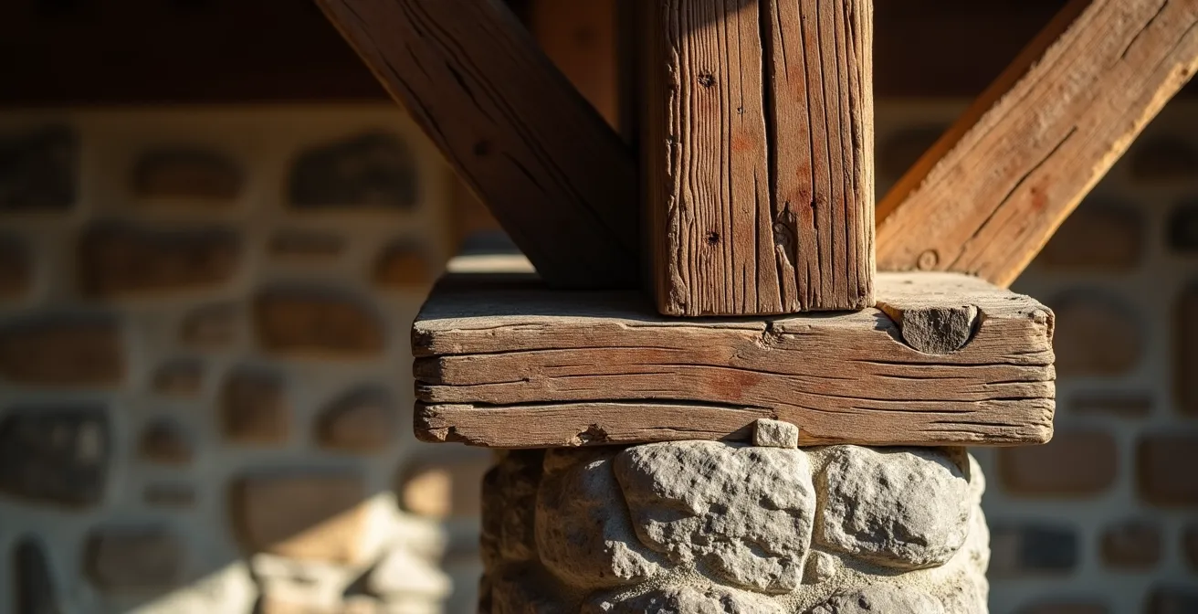 Vue comparative montrant les détails authentiques d'un vrai konak avec poutres irrégulières et patine naturelle