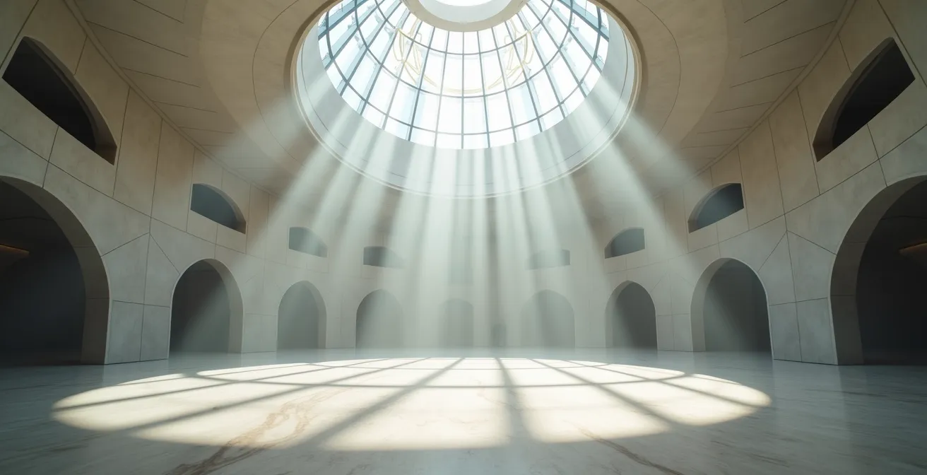 Vue intérieure montrant le jeu de lumière à travers les fenêtres de la coupole