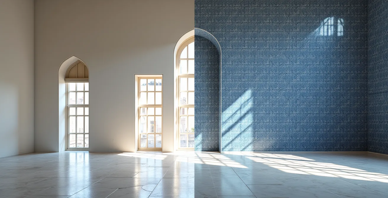 Comparaison architecturale entre l'intérieur épuré de la Süleymaniye et la richesse décorative de la Mosquée Bleue