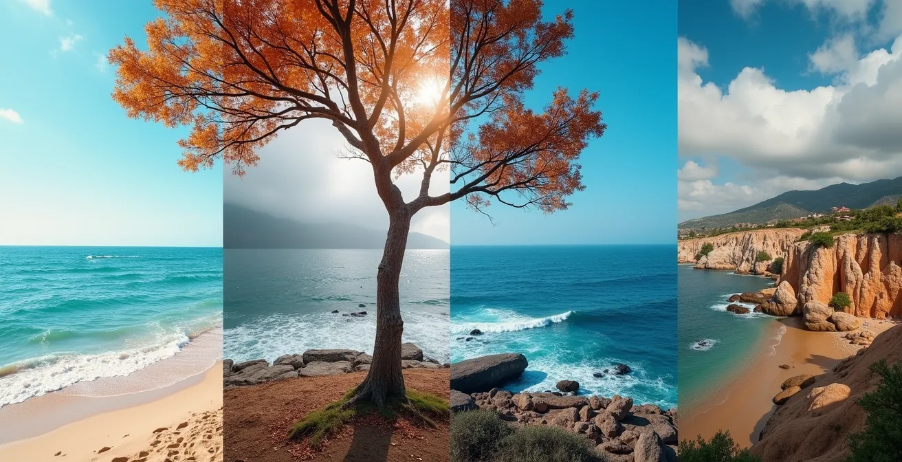 Composition photographique montrant quatre paysages turcs distincts sous différentes conditions météorologiques automnales