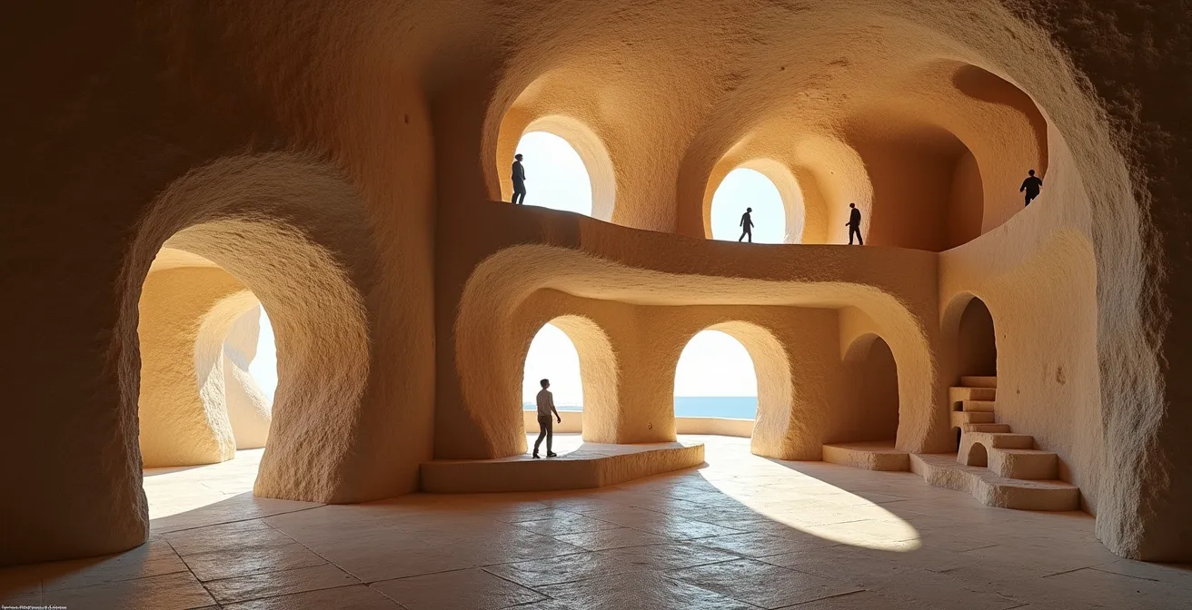 Coupe architecturale montrant la transmission du son dans un hôtel troglodyte