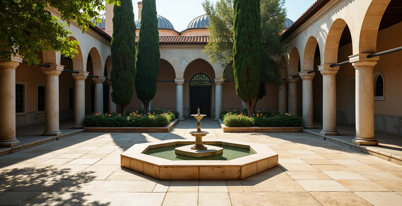 Cour intérieure paisible d'une mosquée ottomane avec fontaine d'ablution et végétation méditerranéenne