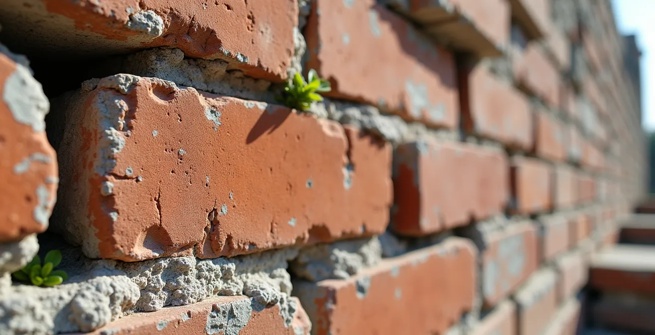 Détail macro de l'opus mixtum byzantin montrant l'alternance de briques rouges et pierres blanches caractéristique