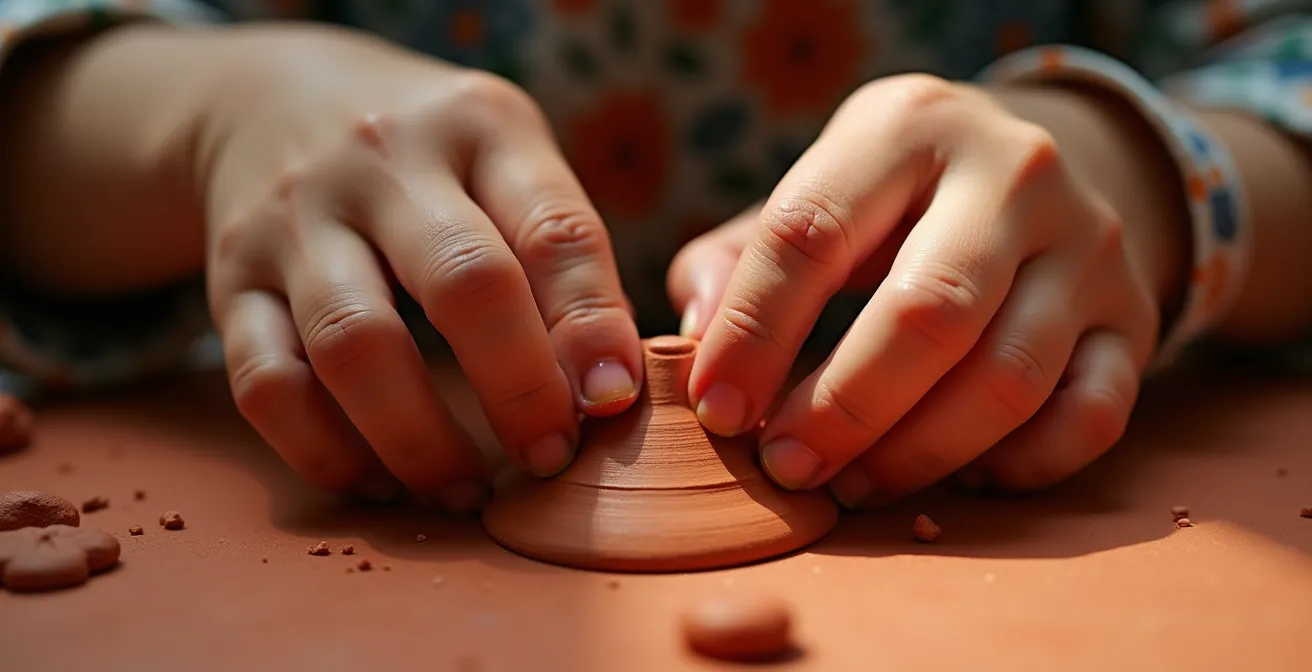 Enfant de 6 ans modelant de l'argile rouge avec ses mains dans un atelier de poterie