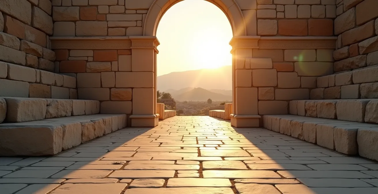 Vue panoramique de l'entrée basse d'Éphèse au lever du soleil avec les premières lumières dorées