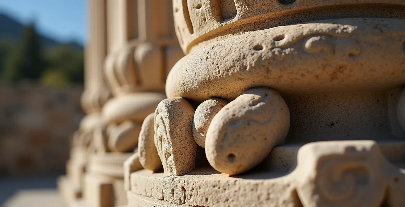 Détail architectural d'une colonne corinthienne avec jeux d'ombres sur le marbre ancien