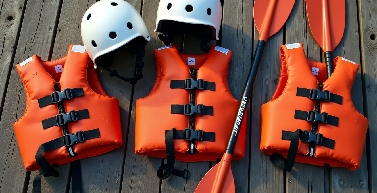 Inspection détaillée de l'équipement de sécurité rafting pour enfants avec gilets orange et casques