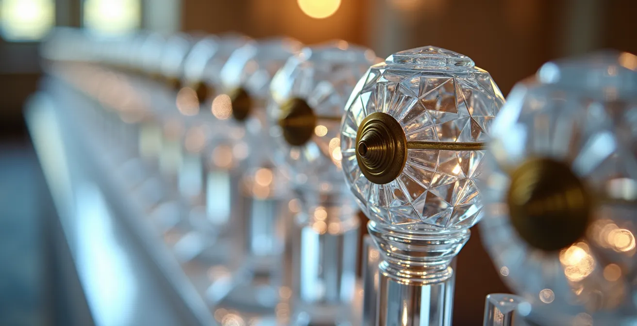 Détail macro de l'escalier de cristal Baccarat du palais Dolmabahçe montrant la transparence et les reflets