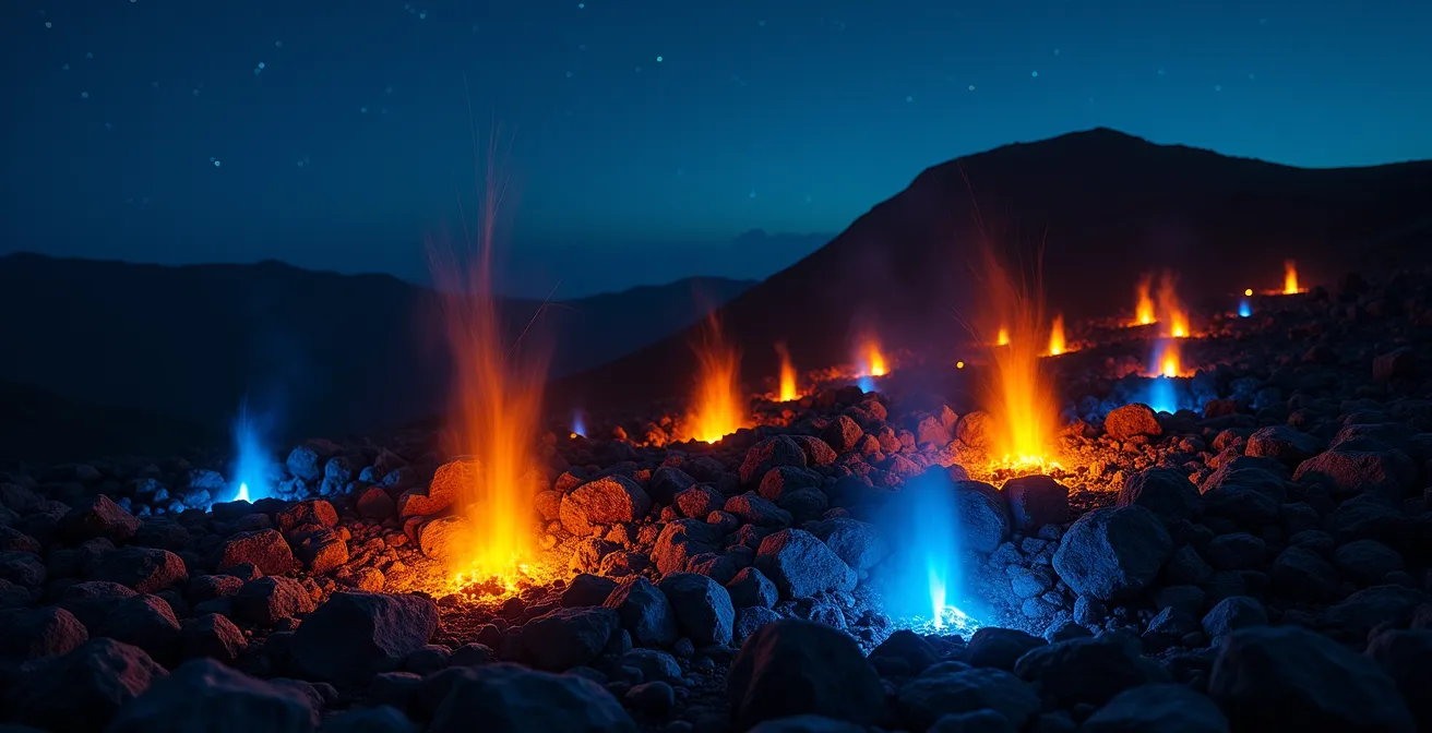 Flammes naturelles jaillissant des rochers de Yanartaş sous un ciel étoilé