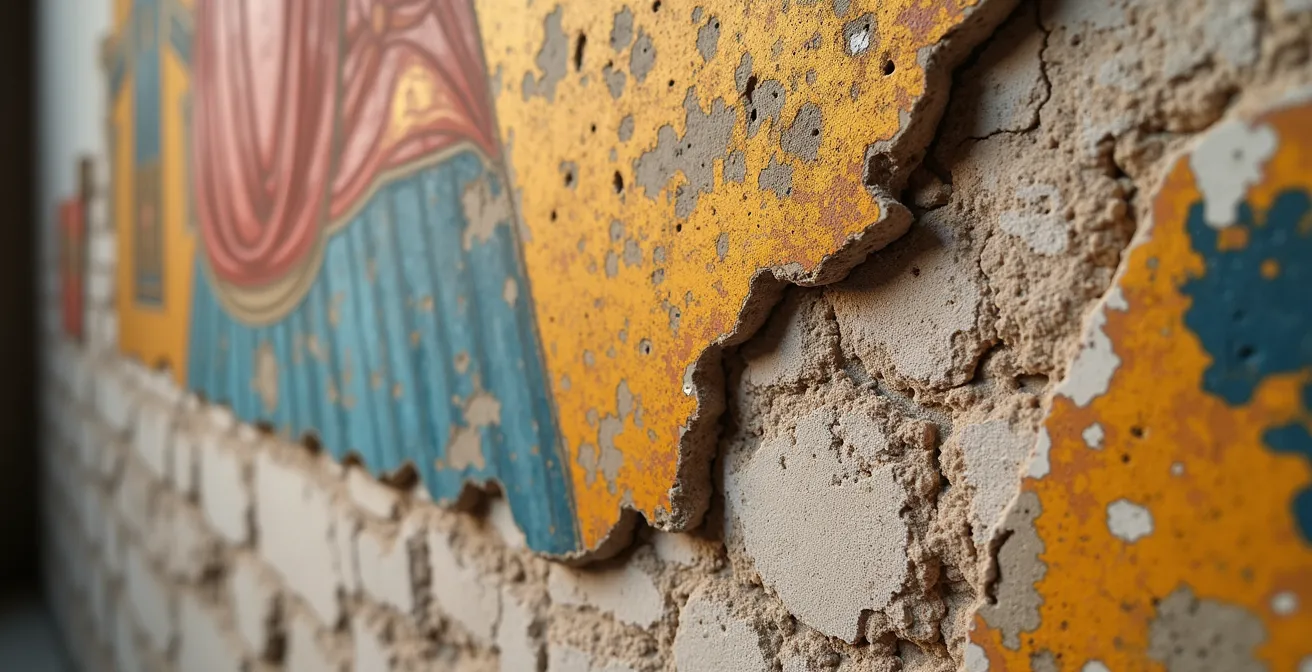 Détail rapproché des fresques byzantines aux visages grattés du monastère de Sumela