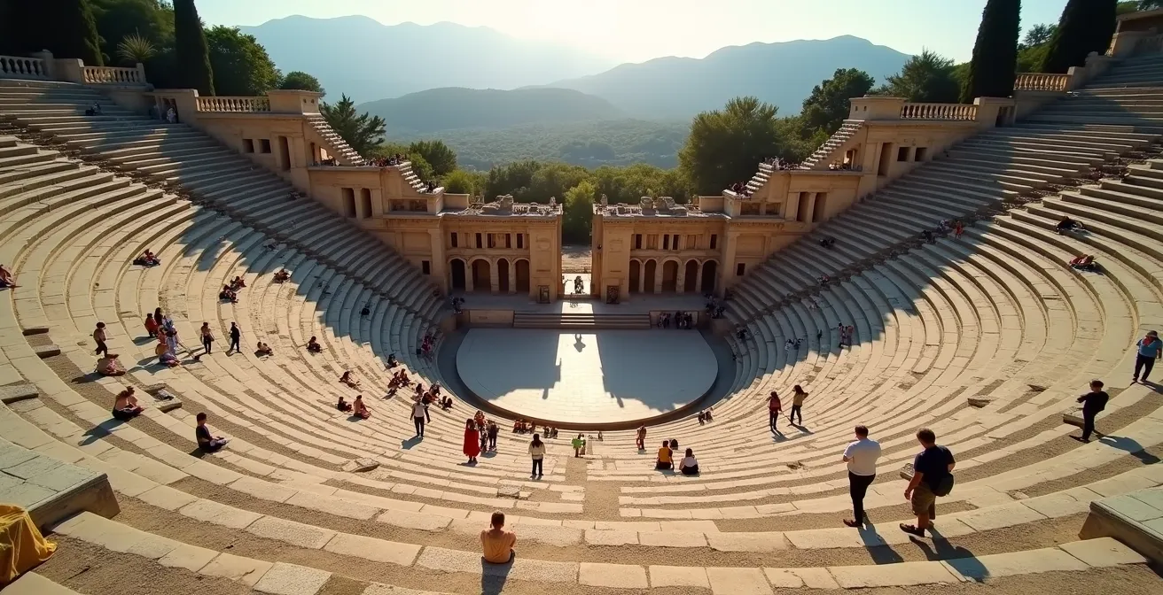 Vue plongeante du Grand Théâtre d'Éphèse montrant les gradins en pierre et la scène antique