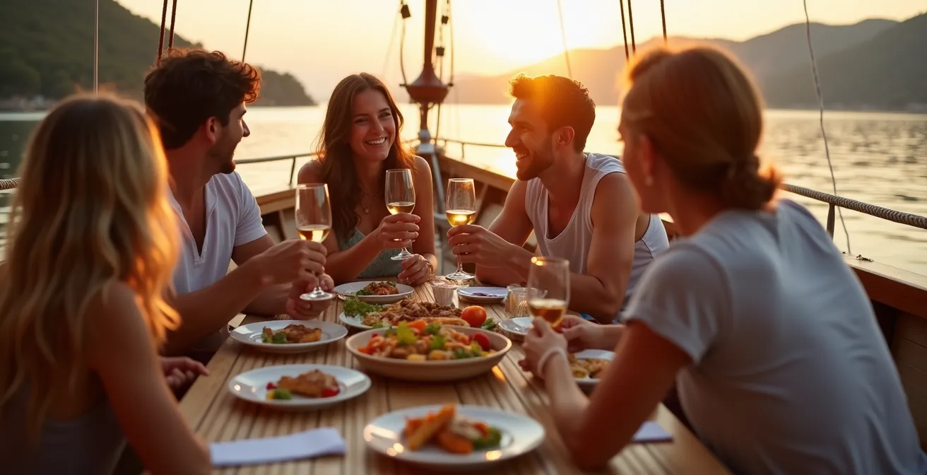 Groupe de six personnes partageant un moment convivial sur le pont d'une goélette au coucher du soleil