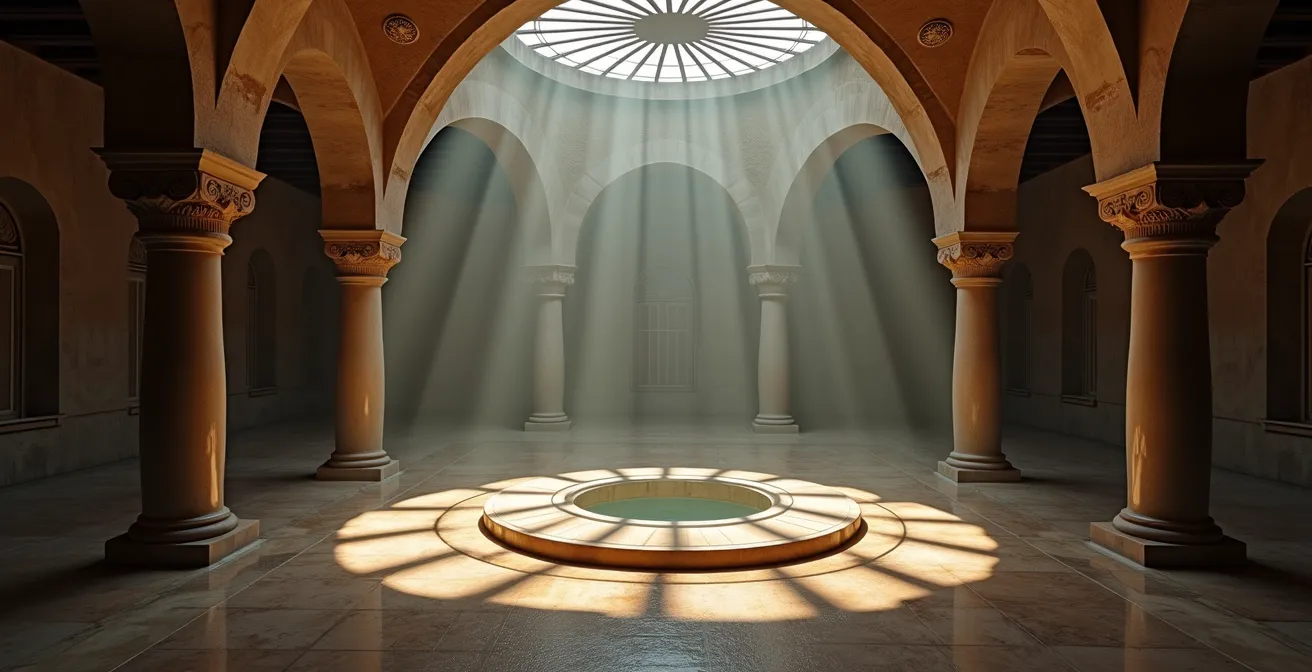 Intérieur d'un hamam historique avec ses colonnes de marbre et sa lumière filtrée par les coupoles percées