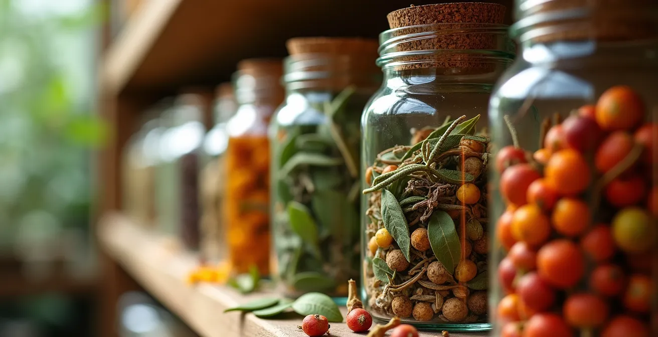 Intérieur d'une herboristerie traditionnelle turque avec bocaux d'herbes médicinales et tisanes