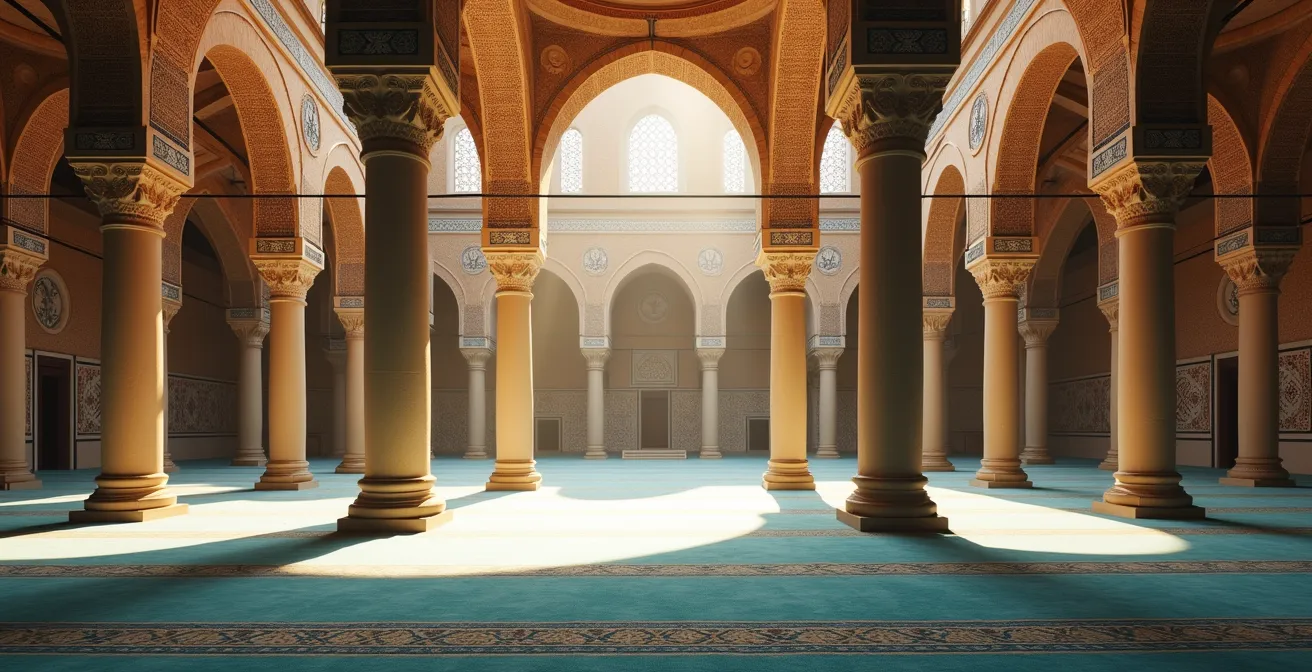 Vue grand angle de l'intérieur de la mosquée Rüstem Pacha avec ses murs couverts de faïences colorées