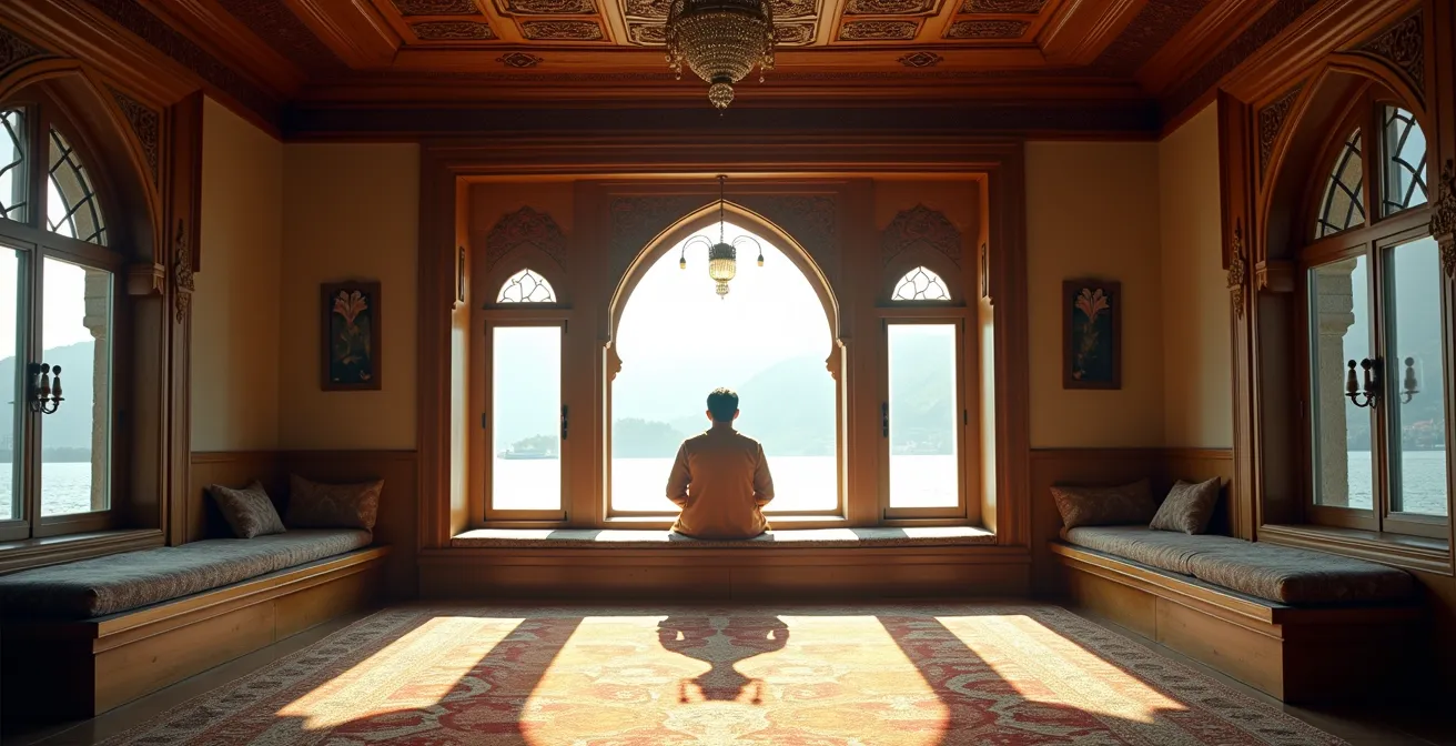 Intérieur d'un yali ottoman avec plafonds en bois ornementés et sedir traditionnel, lumière naturelle filtrant par les fenêtres