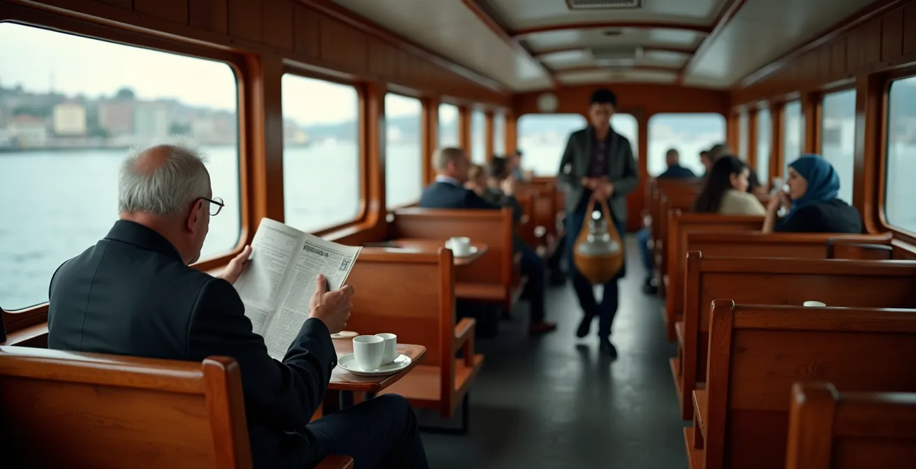 Intérieur d'un ferry traditionnel d'Istanbul avec passagers locaux buvant du thé