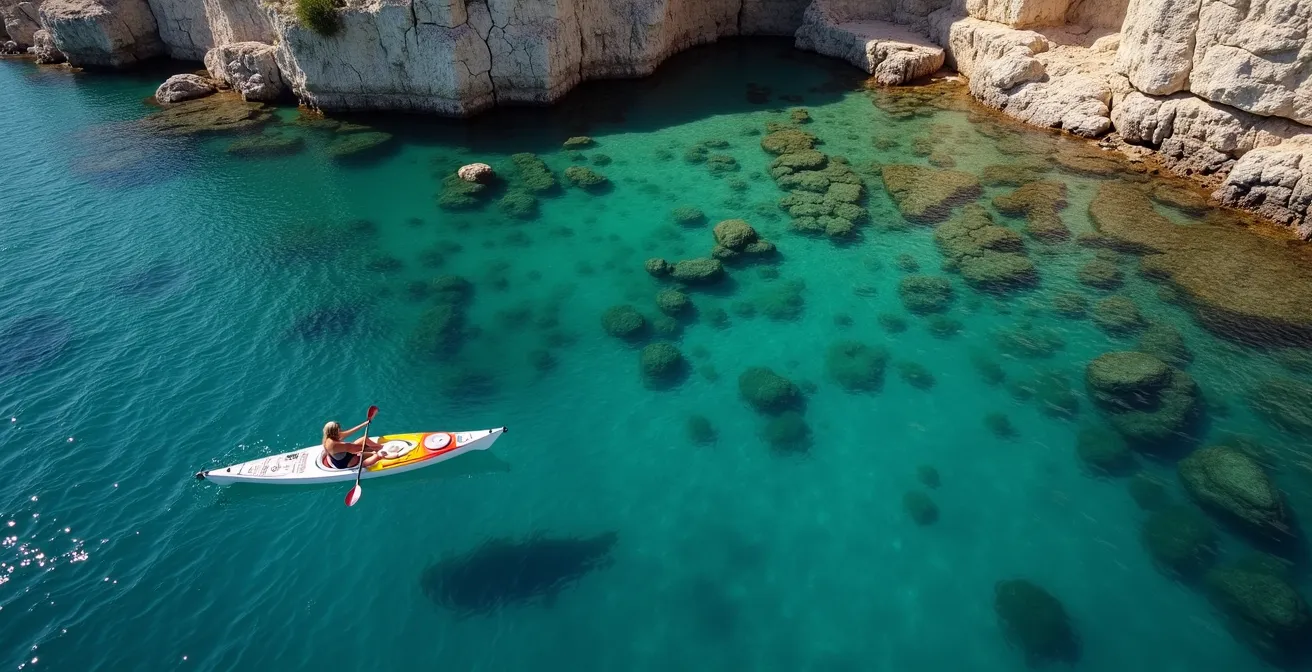 Vue aérienne d'un kayak naviguant au-dessus de ruines antiques visibles sous l'eau cristalline de Kekova