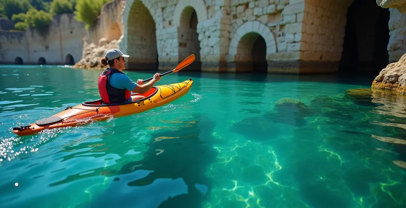 Kayakiste pagayant au-dessus des ruines antiques visibles sous l'eau cristalline de Kekova