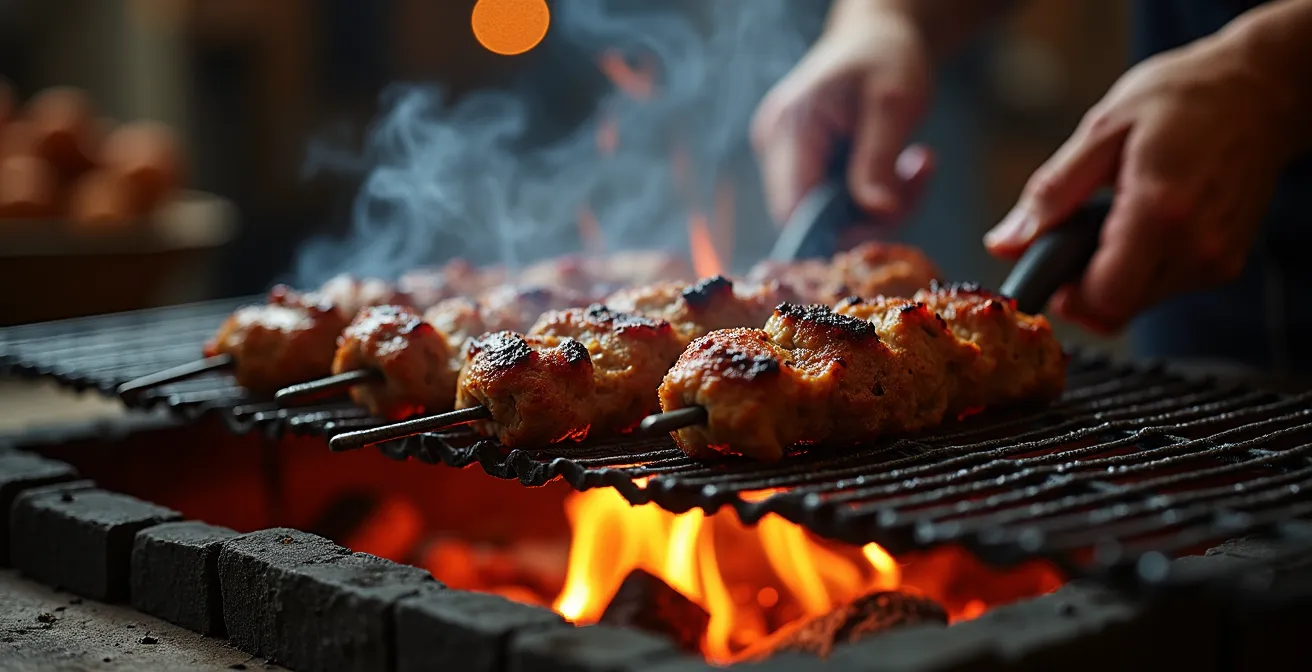 Brochettes de kebab grillées avec épices visibles et fumée délicate