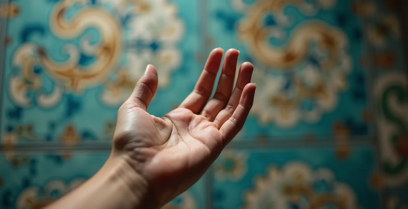 Main de visiteur maintenue à distance respectueuse d'une céramique ancienne dans un musée