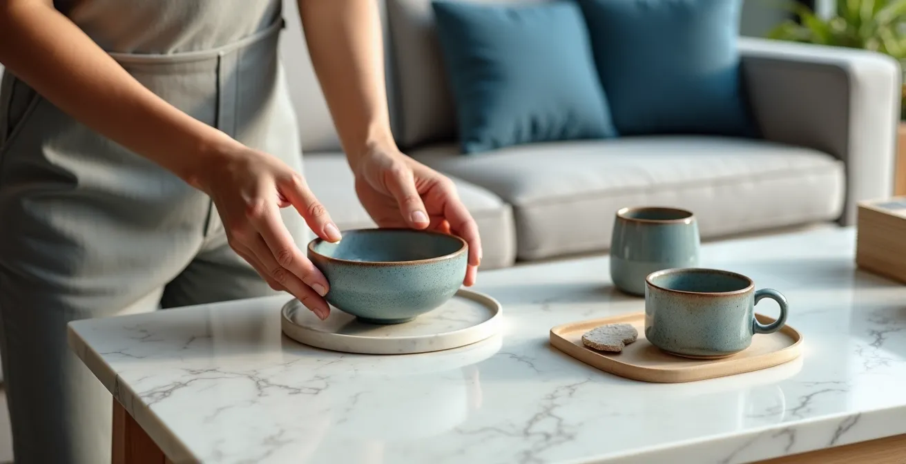 Composition harmonieuse de céramiques turques dans un intérieur occidental contemporain