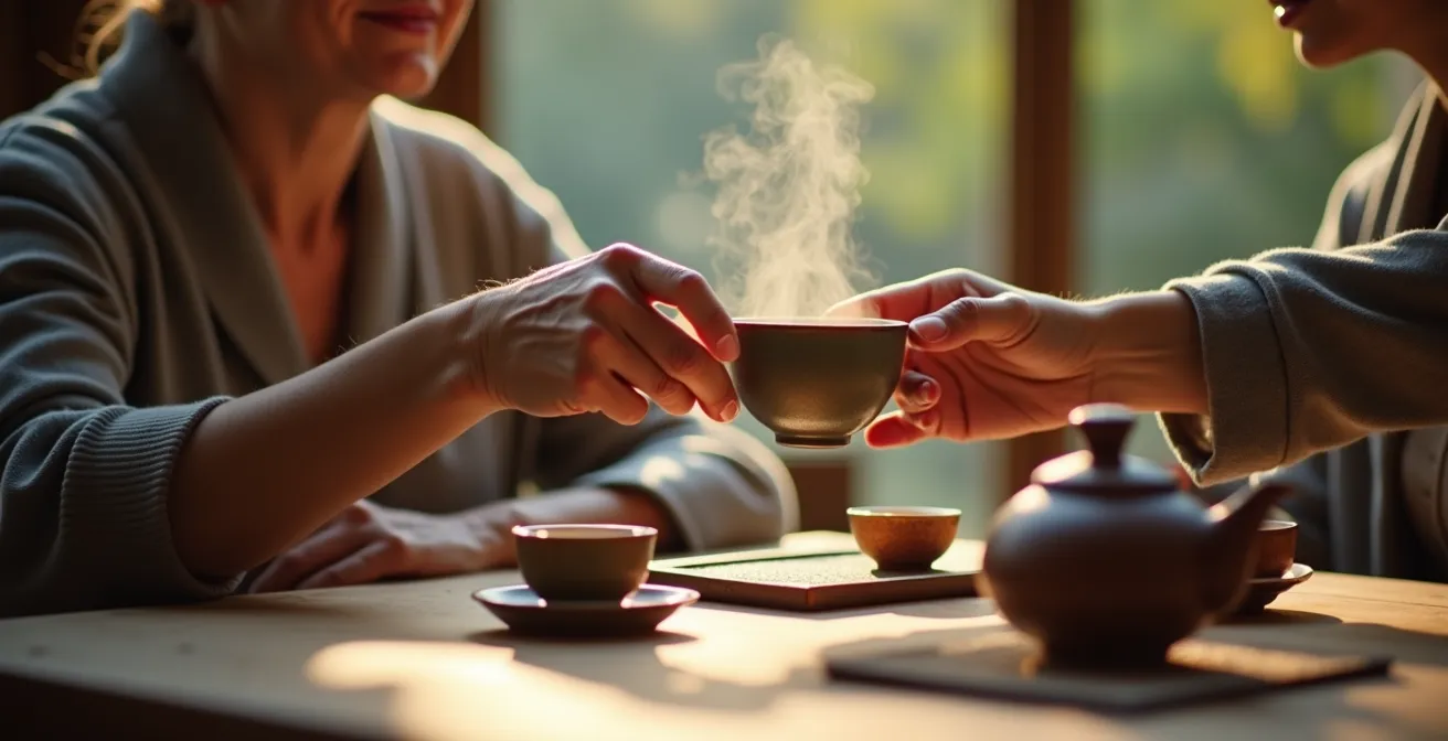 Scène conviviale de partage de thé entre hôtes et propriétaires dans une pension