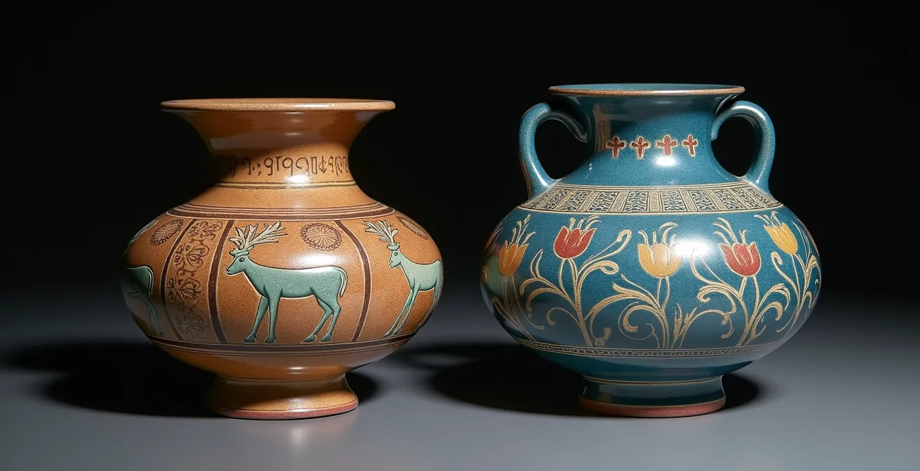 Comparaison visuelle entre motifs hittites géométriques et floraux ottomans sur poterie