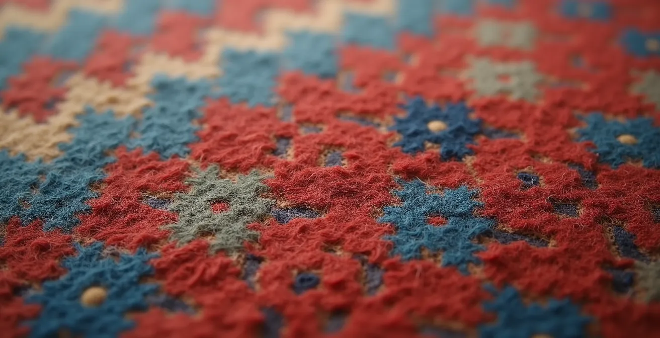 Détails macro de motifs géométriques traditionnels sur un kilim anatolien