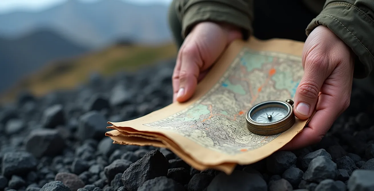 Mains tenant carte topographique et boussole sur plateau anatolien