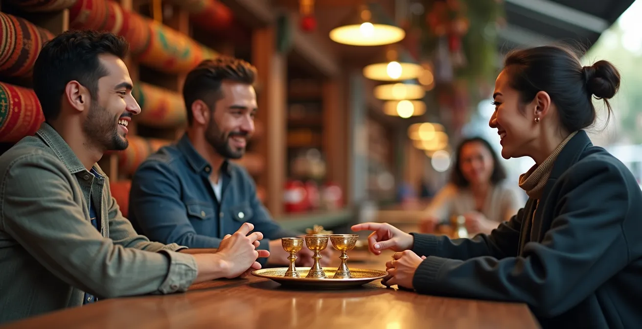 Scène de négociation autour d'un thé dans une boutique du bazar