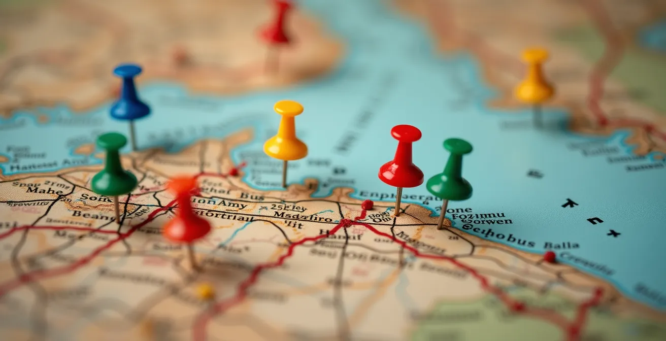 Vue macro sur une carte d'Istanbul avec épingles colorées marquant les points d'intérêt sur les deux rives