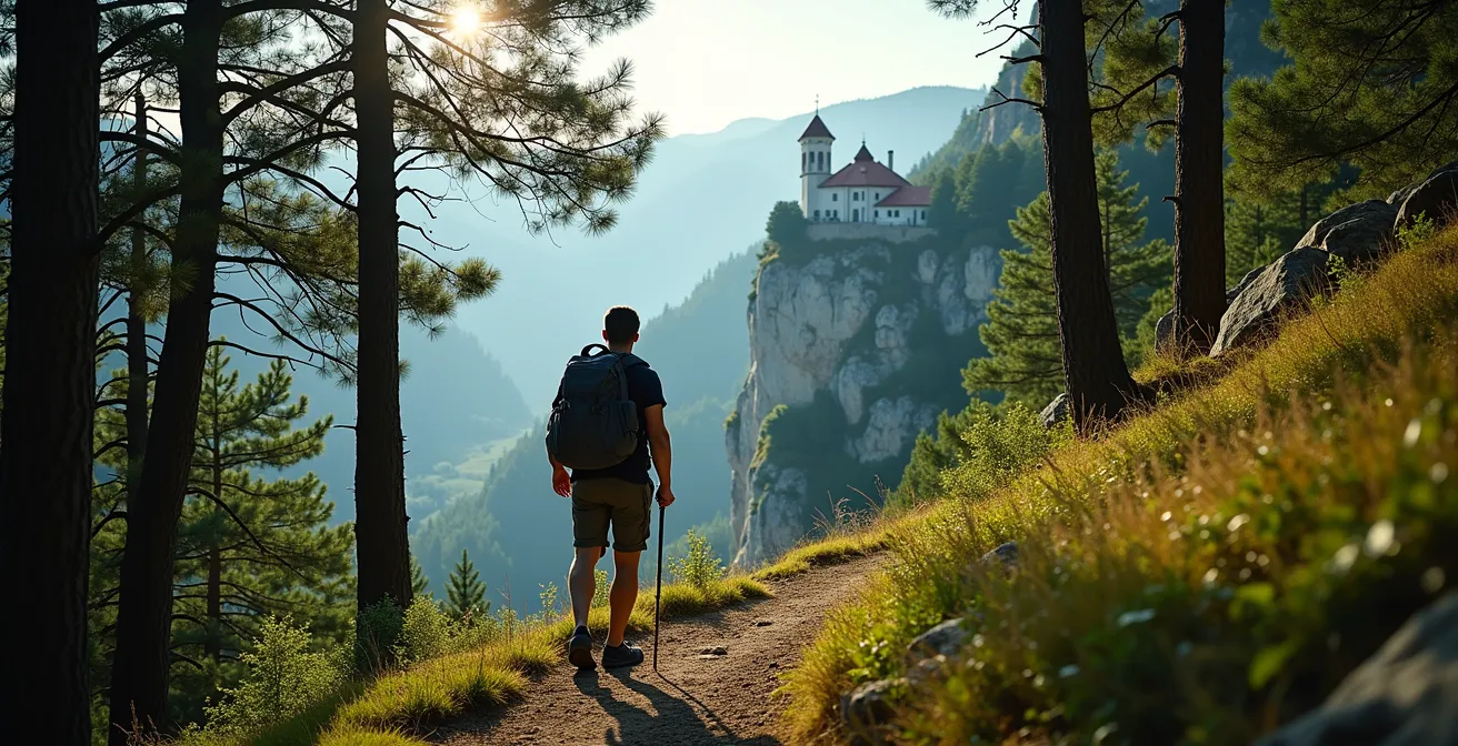 Sentier forestier du parc national d'Altındere avec vue lointaine sur le monastère