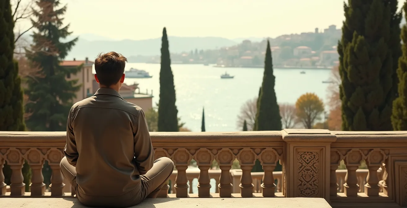 Visiteur solitaire assis sur un banc en pierre face au panorama du Bosphore depuis la terrasse du palais
