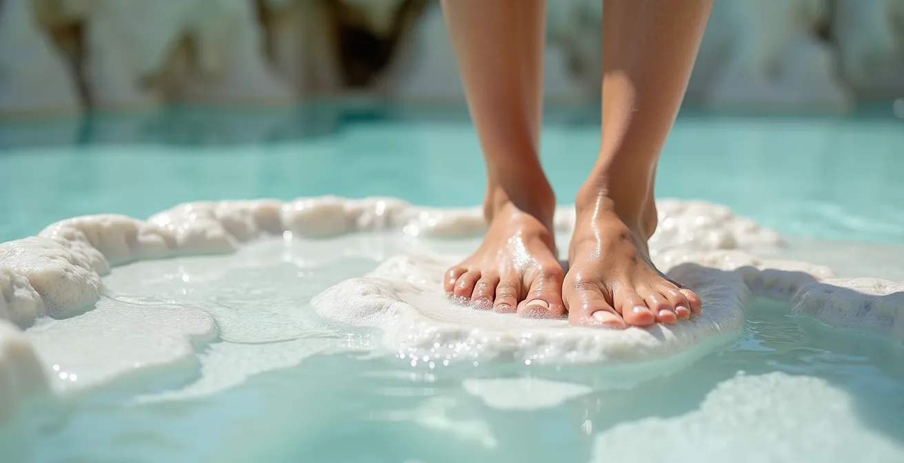 Gros plan sur des pieds marchant sur la surface texturée des travertins blancs avec de l'eau thermale